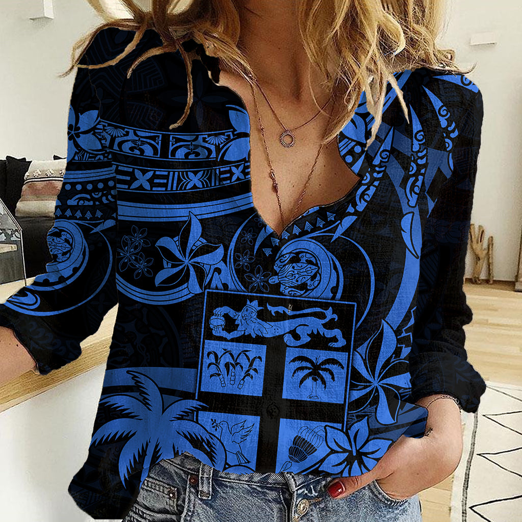 Fiji Islands Women Casual Shirt Coat of Arms Fijian Flower Polynesian Pattern - Blue LT9 Female Blue - Polynesian Pride