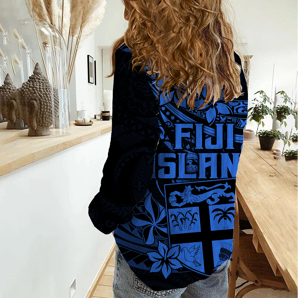 Fiji Islands Women Casual Shirt Coat of Arms Fijian Flower Polynesian Pattern - Blue LT9 - Polynesian Pride