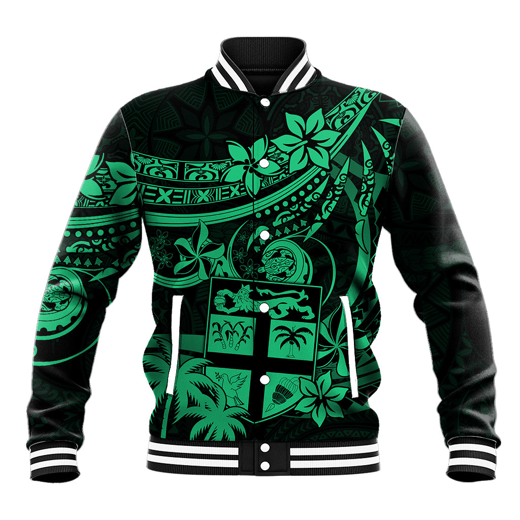 Fiji Islands Baseball Jacket Coat of Arms Fijian Flower Polynesian Pattern - Green LT9 Unisex Green - Polynesian Pride