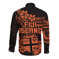 Fiji Islands Long Sleeve Button Shirt Coat of Arms Fijian Flower Polynesian Pattern - Orange LT9 - Polynesian Pride