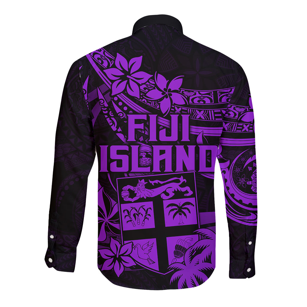 Fiji Islands Long Sleeve Button Shirt Coat of Arms Fijian Flower Polynesian Pattern - Purple LT9 - Polynesian Pride