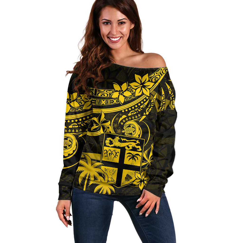 Fiji Islands Off Shoulder Sweater Coat of Arms Fijian Flower Polynesian Pattern - Yellow LT9 Women Yellow - Polynesian Pride