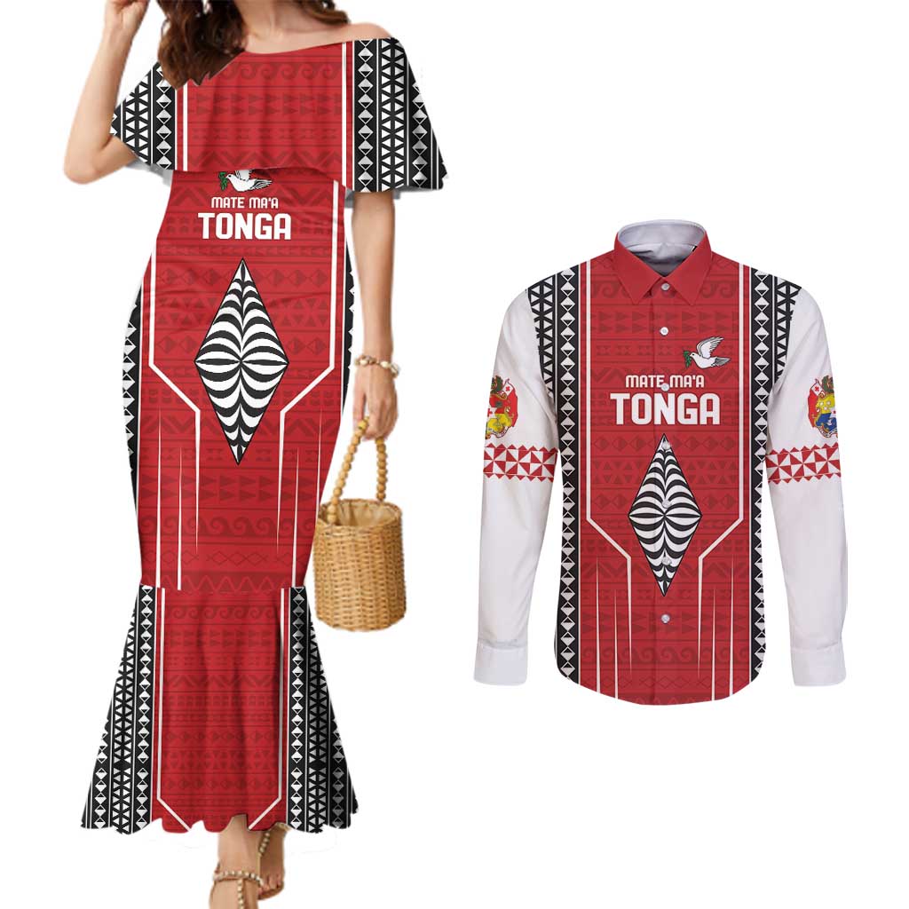 Custom Tonga Rugby Couples Matching Mermaid Dress and Long Sleeve Button Shirt Mate Maa Kupesi Style