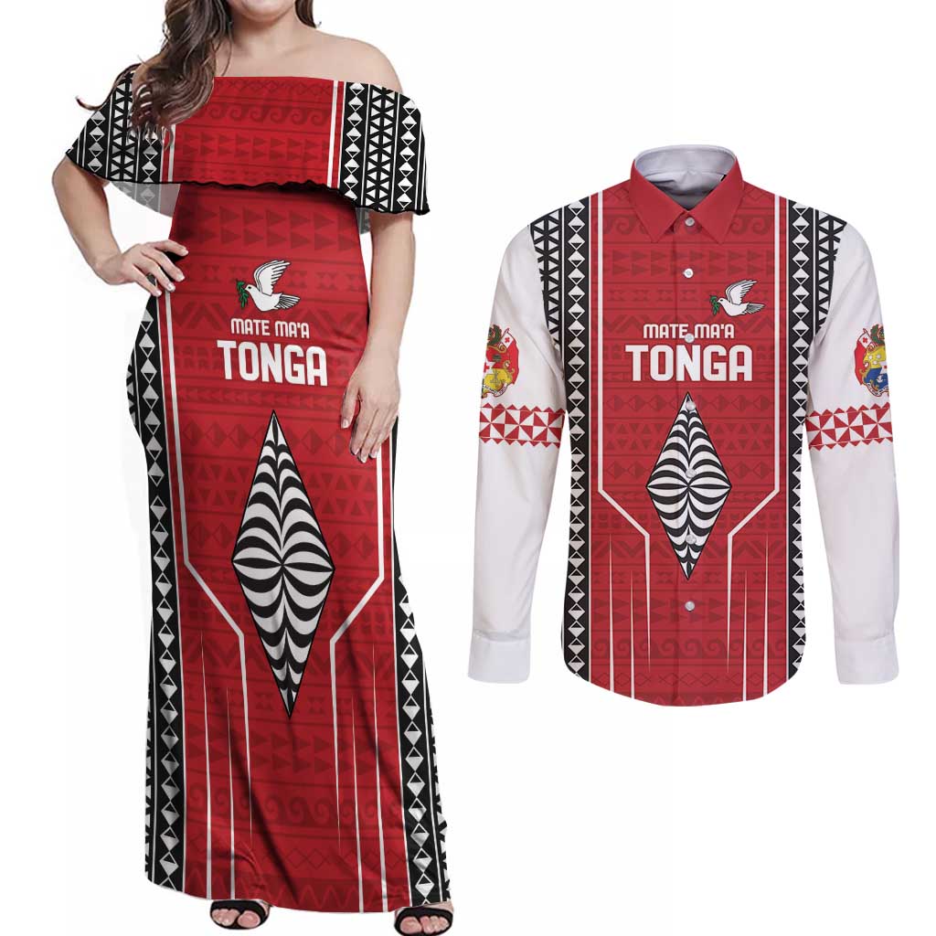 Custom Tonga Rugby Couples Matching Off Shoulder Maxi Dress and Long Sleeve Button Shirt Mate Maa Kupesi Style