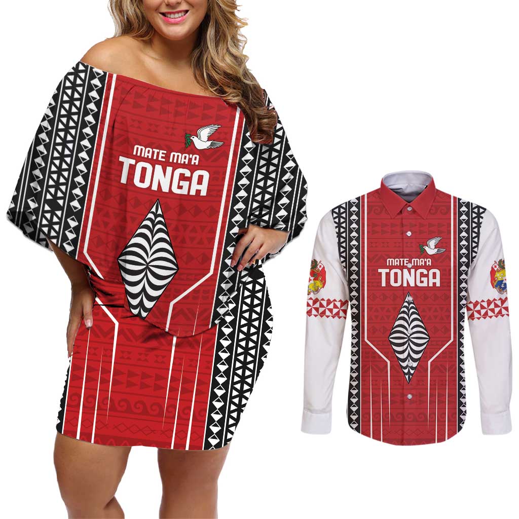 Custom Tonga Rugby Couples Matching Off Shoulder Short Dress and Long Sleeve Button Shirt Mate Maa Kupesi Style