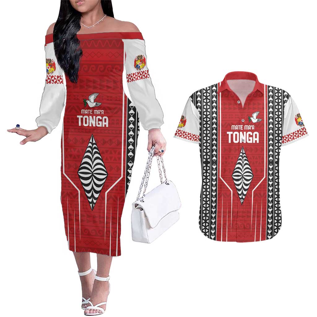 Custom Tonga Rugby Couples Matching Off The Shoulder Long Sleeve Dress and Hawaiian Shirt Mate Maa Kupesi Style