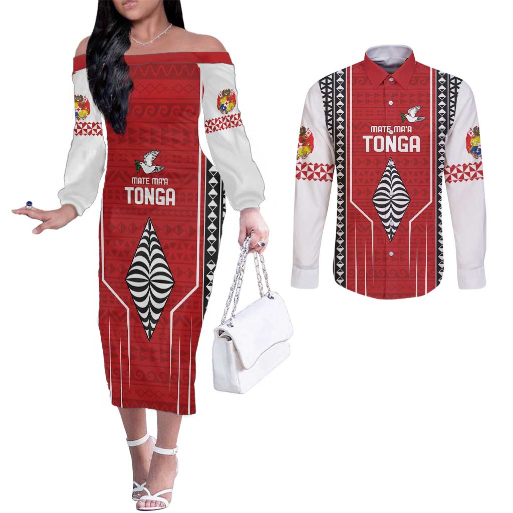 Custom Tonga Rugby Couples Matching Off The Shoulder Long Sleeve Dress and Long Sleeve Button Shirt Mate Maa Kupesi Style