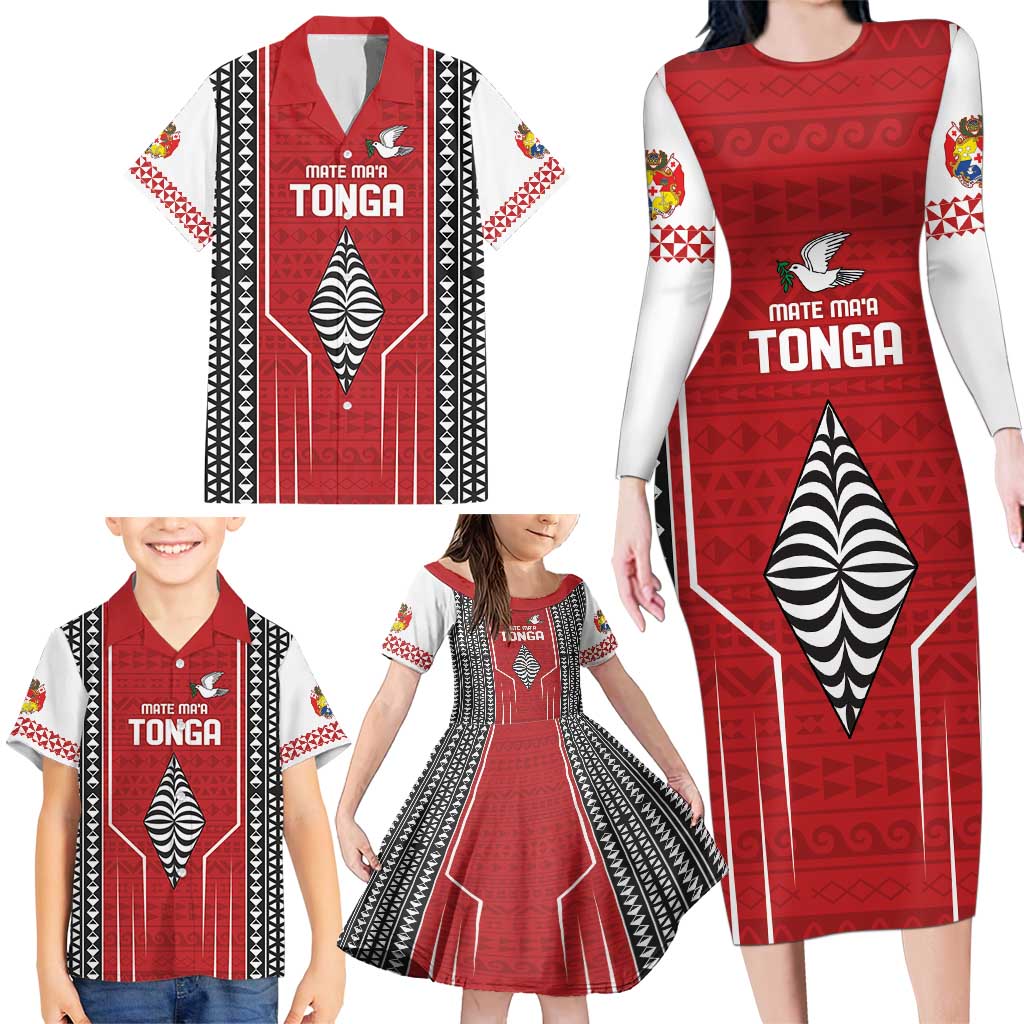 Custom Tonga Rugby Family Matching Long Sleeve Bodycon Dress and Hawaiian Shirt Mate Maa Kupesi Style LT9 - Polynesian Pride