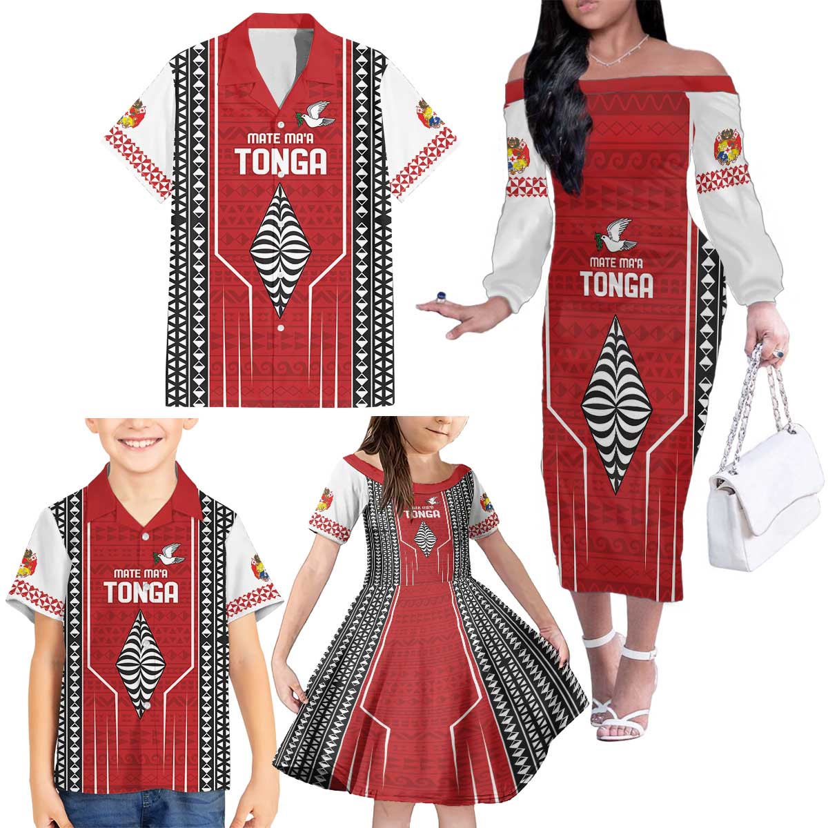 Custom Tonga Rugby Family Matching Off The Shoulder Long Sleeve Dress and Hawaiian Shirt Mate Maa Kupesi Style