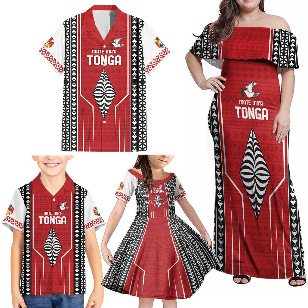 Custom Tonga Rugby Family Matching Off Shoulder Maxi Dress and Hawaiian Shirt Mate Maa Kupesi Style