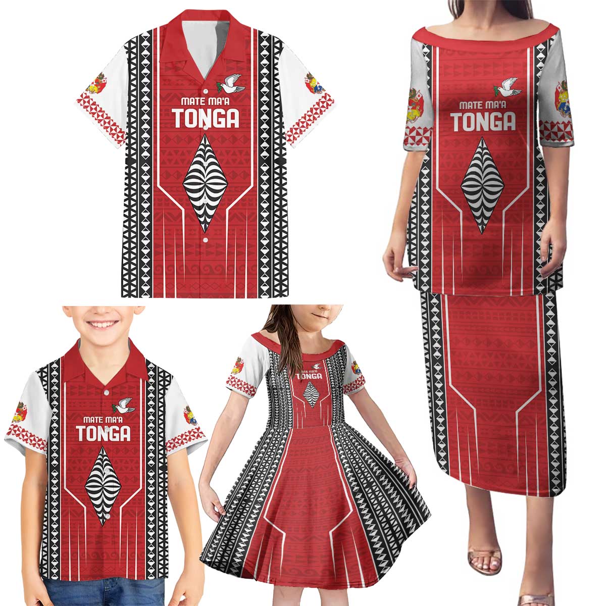 Custom Tonga Rugby Family Matching Puletasi and Hawaiian Shirt Mate Maa Kupesi Style LT9 - Polynesian Pride