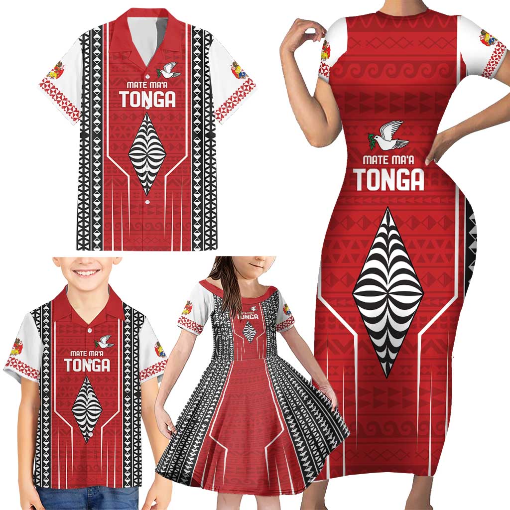 Custom Tonga Rugby Family Matching Short Sleeve Bodycon Dress and Hawaiian Shirt Mate Maa Kupesi Style