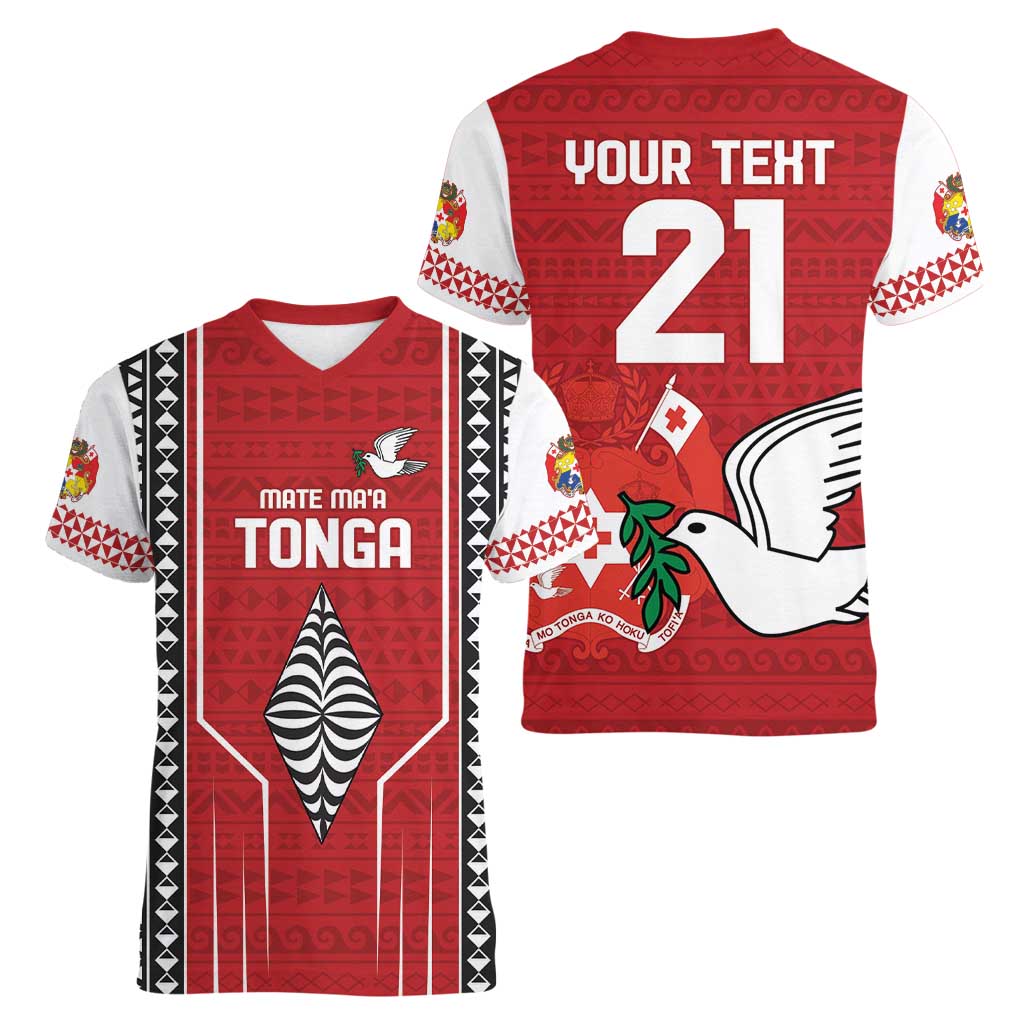 Custom Tonga Rugby Women V-Neck T-Shirt Mate Maa Kupesi Style