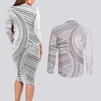 American Samoa White Sunday Couples Matching Long Sleeve Bodycon Dress and Long Sleeve Button Shirt Polynesian Lotu Tamaiti - Polynesian Pride