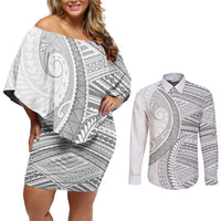 American Samoa White Sunday Couples Matching Off Shoulder Short Dress and Long Sleeve Button Shirt Polynesian Lotu Tamaiti - Polynesian Pride