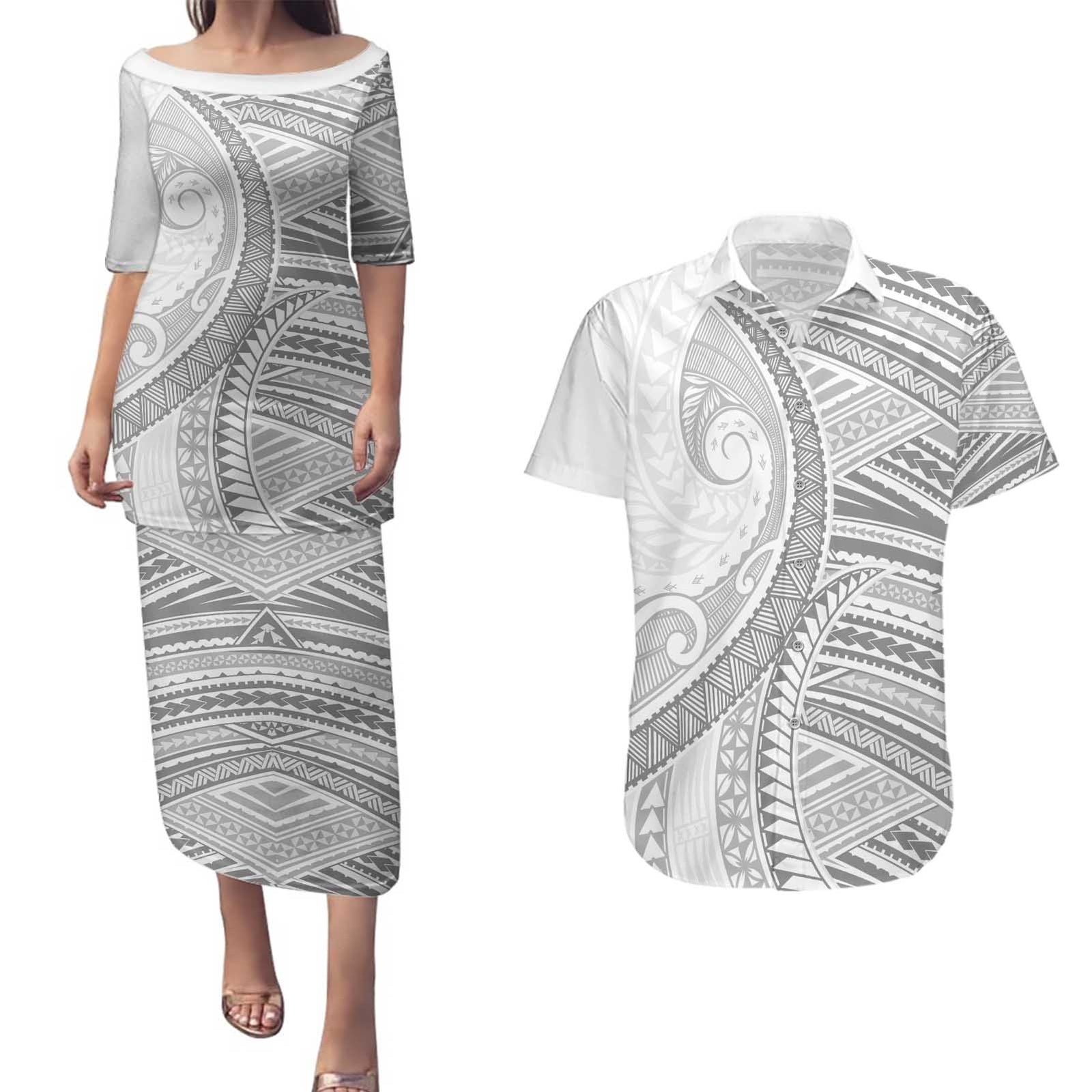 American Samoa White Sunday Couples Matching Puletasi and Hawaiian Shirt Polynesian Lotu Tamaiti - Polynesian Pride