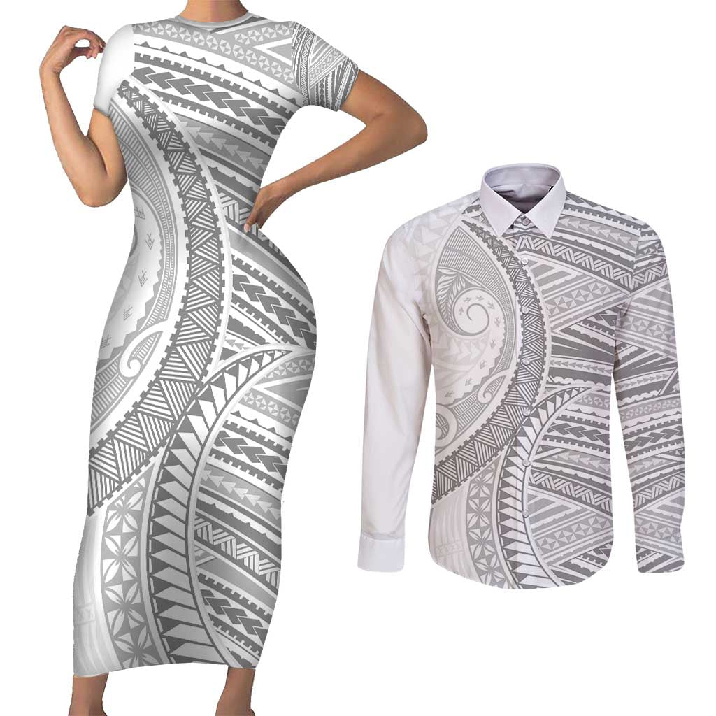 American Samoa White Sunday Couples Matching Short Sleeve Bodycon Dress and Long Sleeve Button Shirt Polynesian Lotu Tamaiti - Polynesian Pride