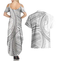American Samoa White Sunday Couples Matching Summer Maxi Dress and Hawaiian Shirt Polynesian Lotu Tamaiti - Polynesian Pride