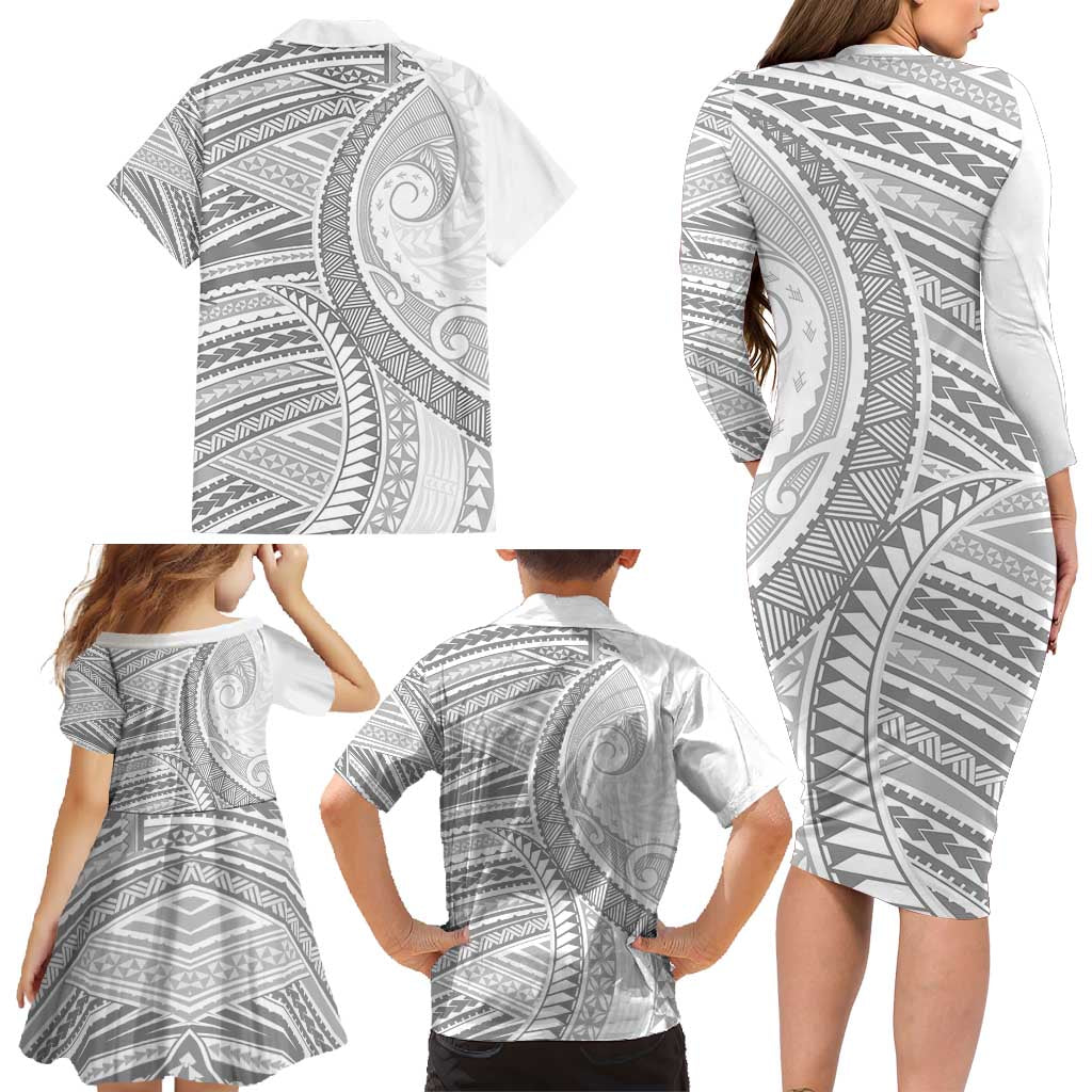 American Samoa White Sunday Family Matching Long Sleeve Bodycon Dress and Hawaiian Shirt Polynesian Lotu Tamaiti - Polynesian Pride