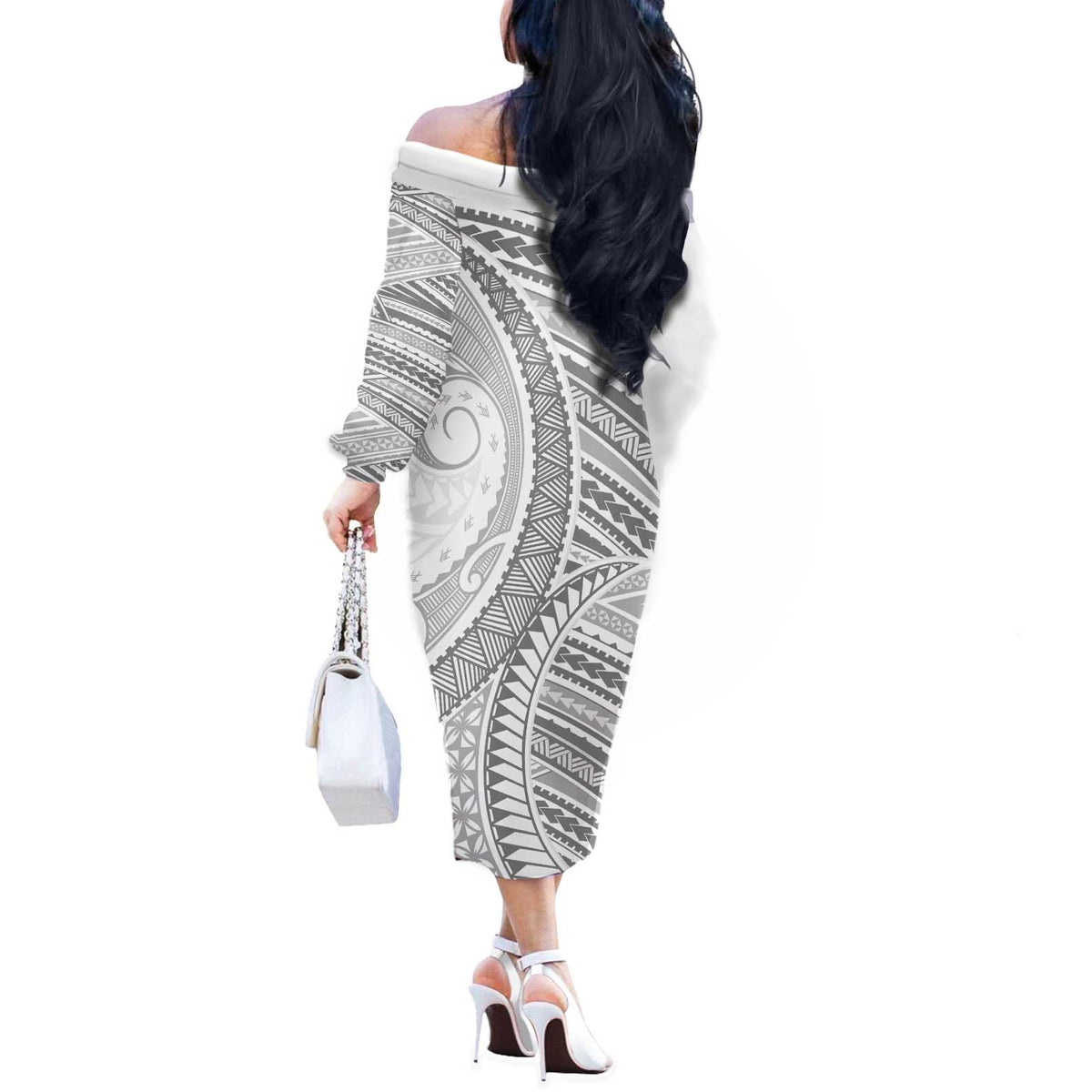 American Samoa White Sunday Off The Shoulder Long Sleeve Dress Polynesian Lotu Tamaiti - Polynesian Pride