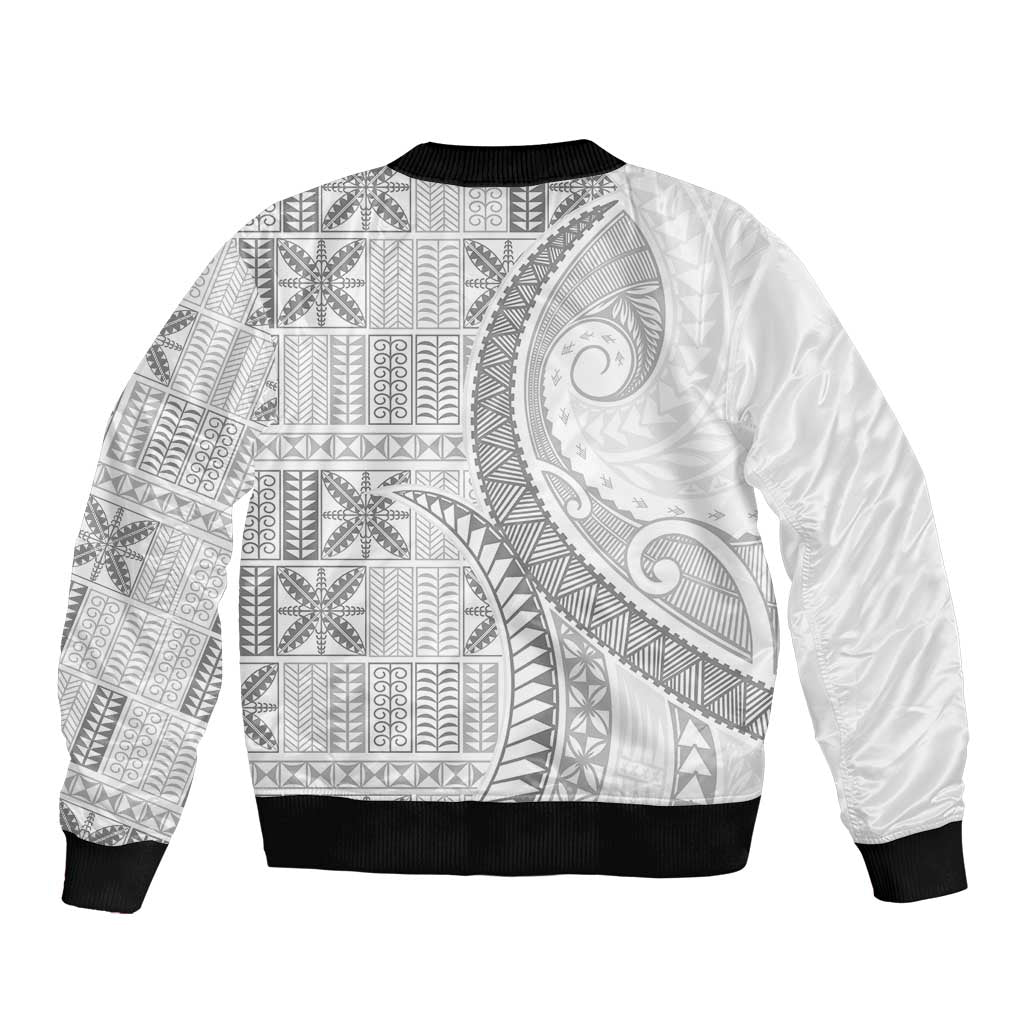 Niue White Sunday Bomber Jacket Niuean Lotu Tamaiti Hiapo Pattern - Polynesian Pride