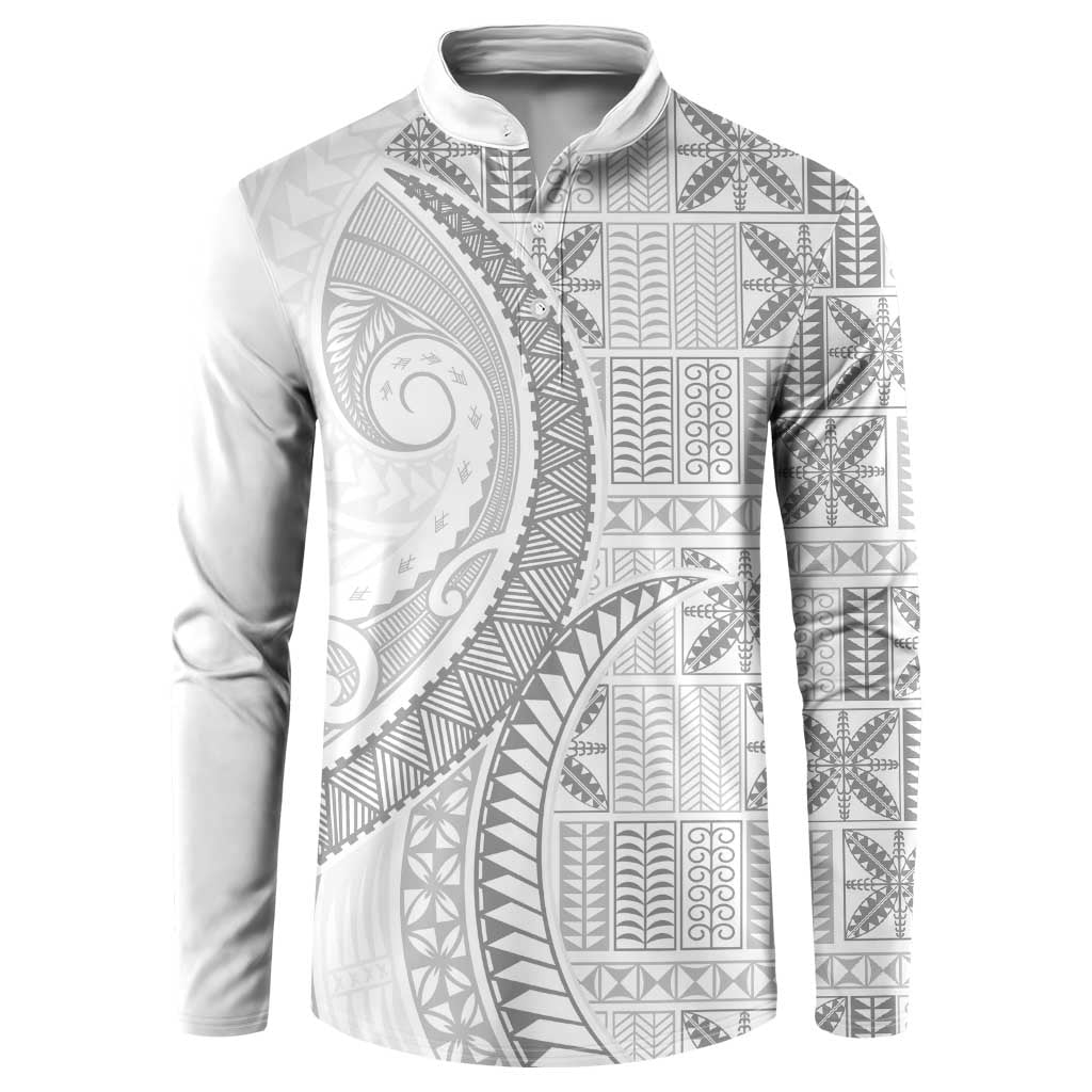 Niue White Sunday Button Sweatshirt Niuean Lotu Tamaiti Hiapo Pattern LT9 White - Polynesian Pride