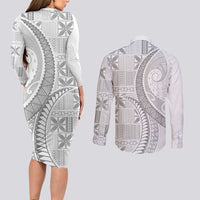 Niue White Sunday Couples Matching Long Sleeve Bodycon Dress and Long Sleeve Button Shirt Niuean Lotu Tamaiti Hiapo Pattern - Polynesian Pride