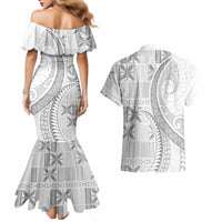 Niue White Sunday Couples Matching Mermaid Dress and Hawaiian Shirt Niuean Lotu Tamaiti Hiapo Pattern - Polynesian Pride