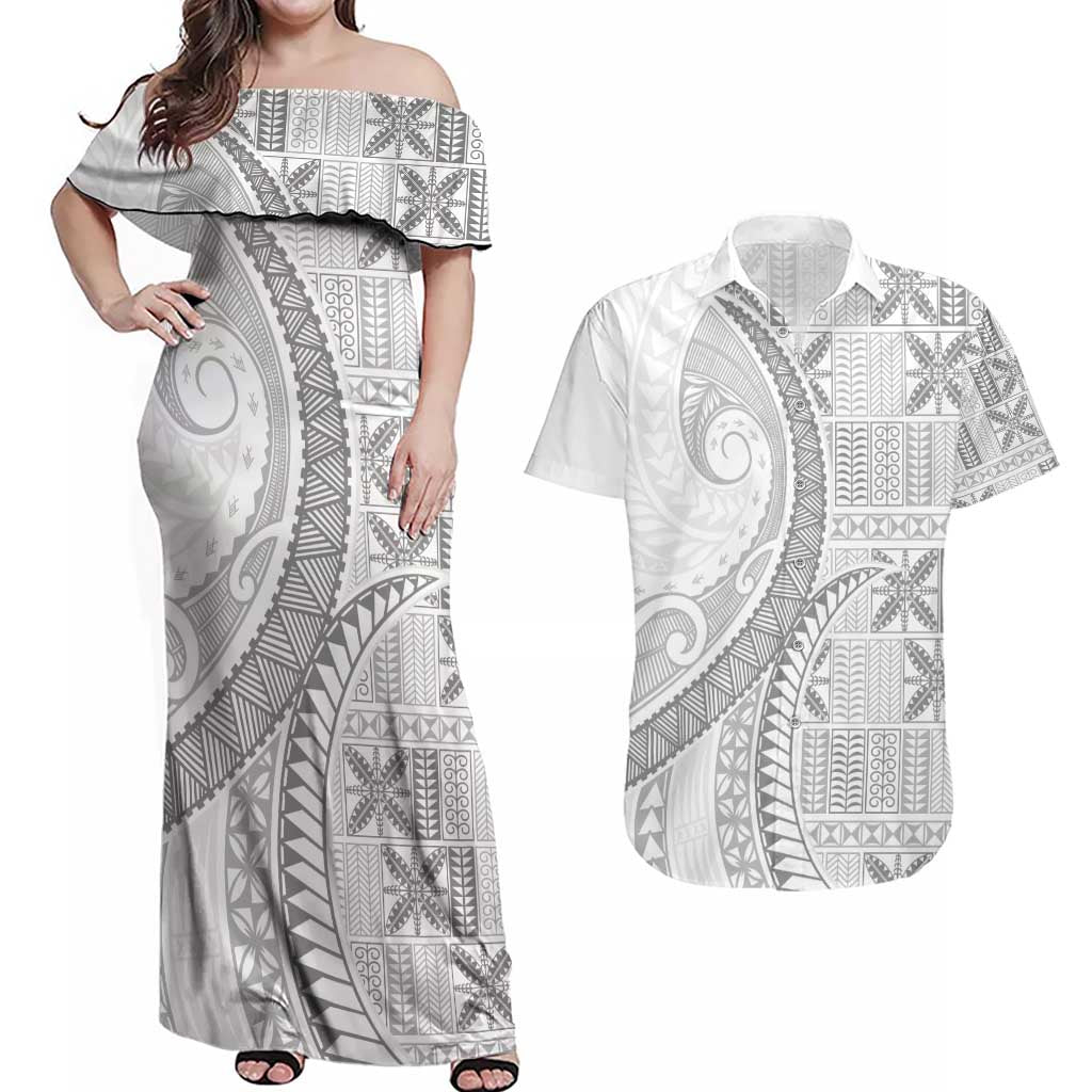 Niue White Sunday Couples Matching Off Shoulder Maxi Dress and Hawaiian Shirt Niuean Lotu Tamaiti Hiapo Pattern - Polynesian Pride