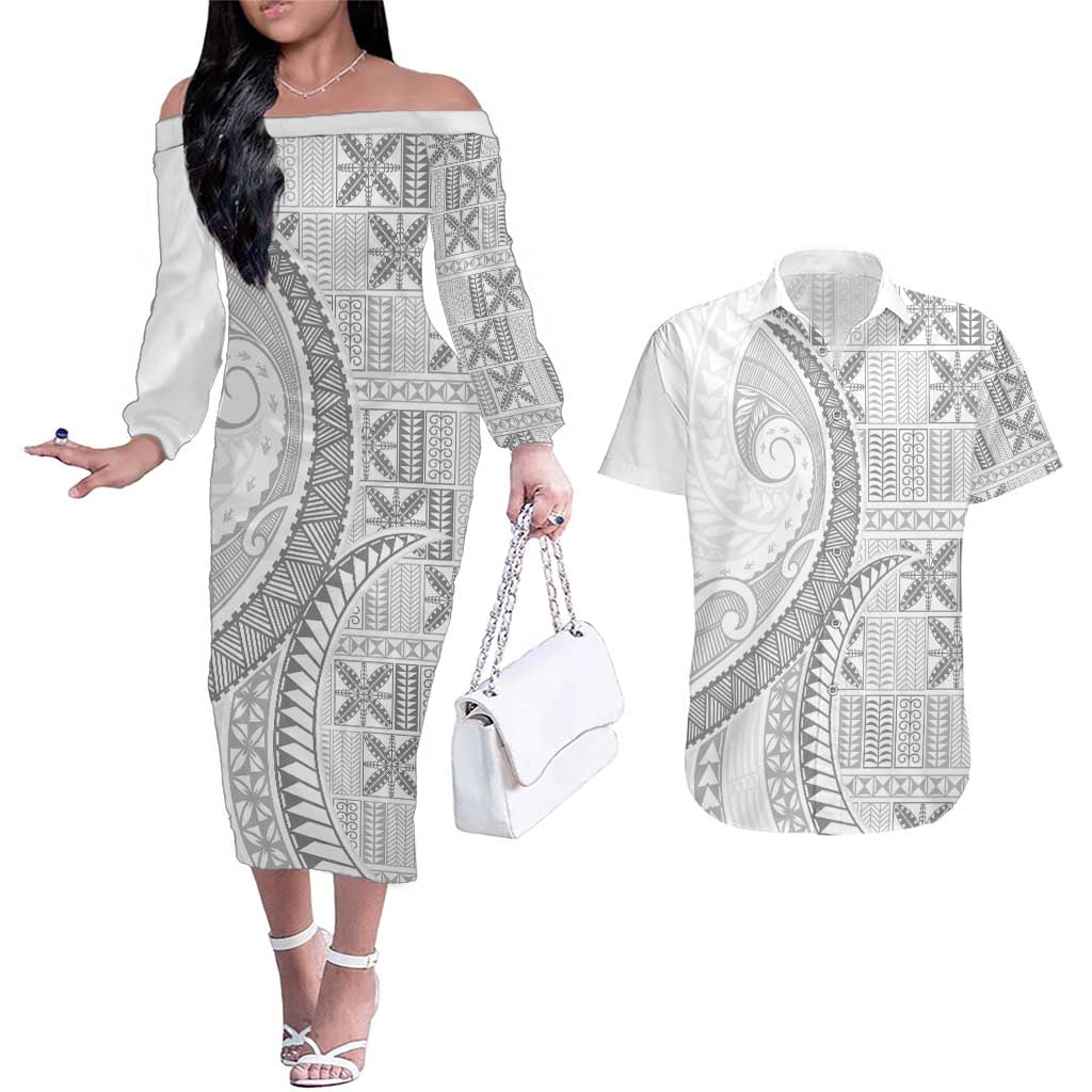 Niue White Sunday Couples Matching Off The Shoulder Long Sleeve Dress and Hawaiian Shirt Niuean Lotu Tamaiti Hiapo Pattern - Polynesian Pride