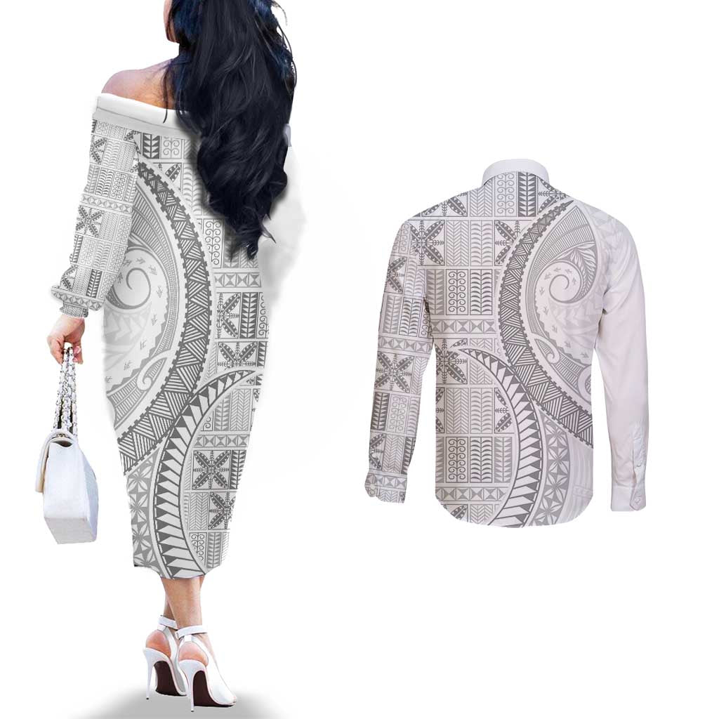 Niue White Sunday Couples Matching Off The Shoulder Long Sleeve Dress and Long Sleeve Button Shirt Niuean Lotu Tamaiti Hiapo Pattern - Polynesian Pride