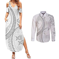 Niue White Sunday Couples Matching Summer Maxi Dress and Long Sleeve Button Shirt Niuean Lotu Tamaiti Hiapo Pattern - Polynesian Pride