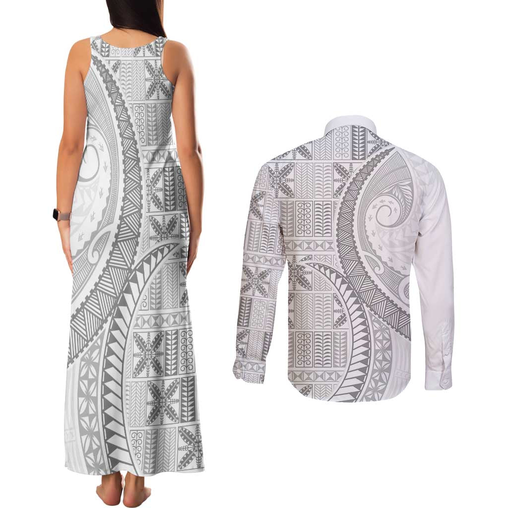 Niue White Sunday Couples Matching Tank Maxi Dress and Long Sleeve Button Shirt Niuean Lotu Tamaiti Hiapo Pattern - Polynesian Pride