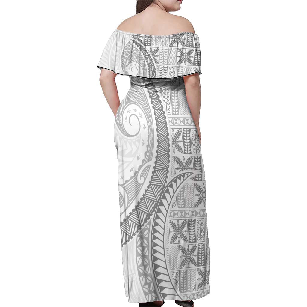Niue White Sunday Family Matching Off Shoulder Maxi Dress and Hawaiian Shirt Niuean Lotu Tamaiti Hiapo Pattern - Polynesian Pride