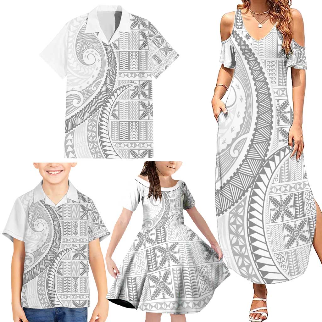 Niue White Sunday Family Matching Summer Maxi Dress and Hawaiian Shirt Niuean Lotu Tamaiti Hiapo Pattern - Polynesian Pride