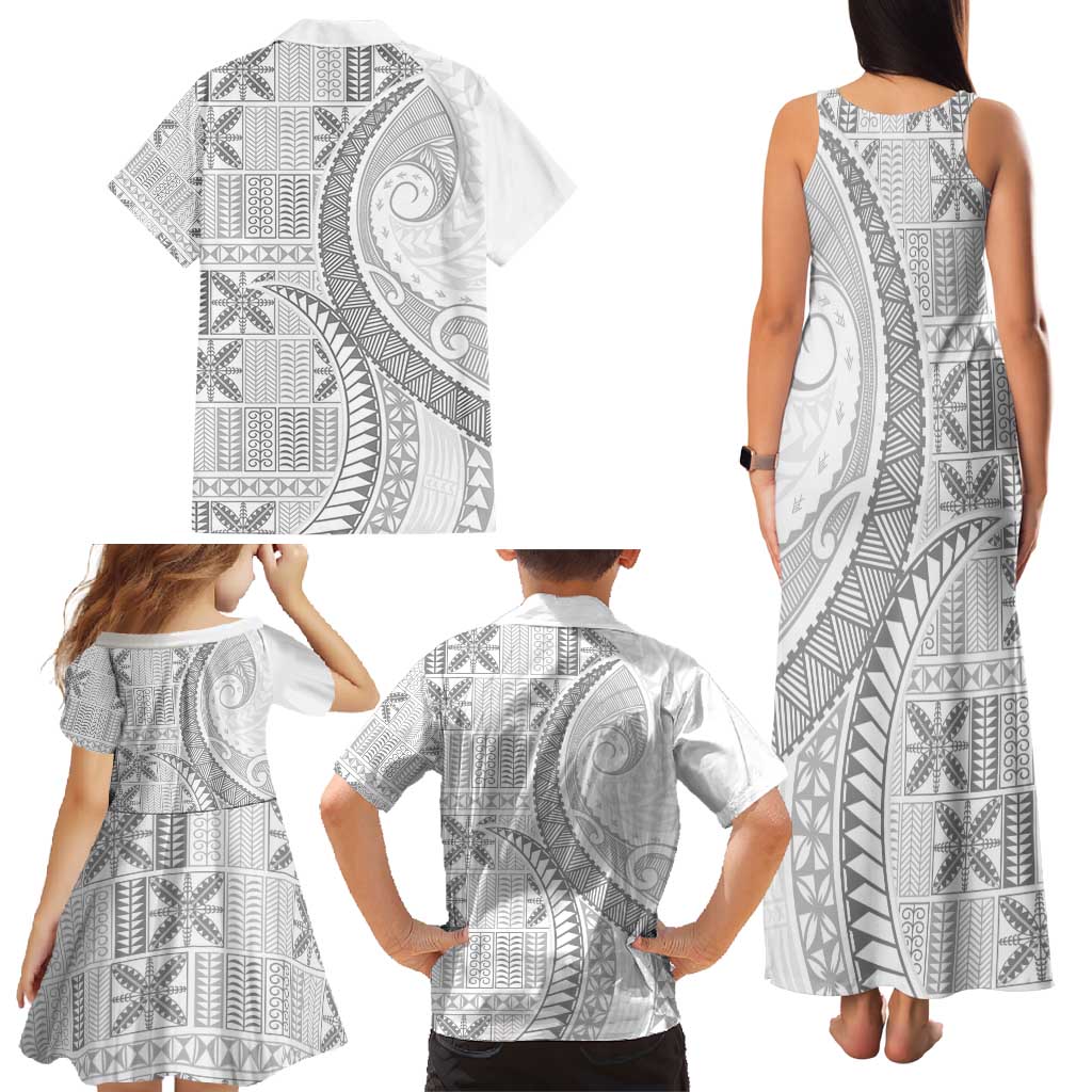 Niue White Sunday Family Matching Tank Maxi Dress and Hawaiian Shirt Niuean Lotu Tamaiti Hiapo Pattern - Polynesian Pride
