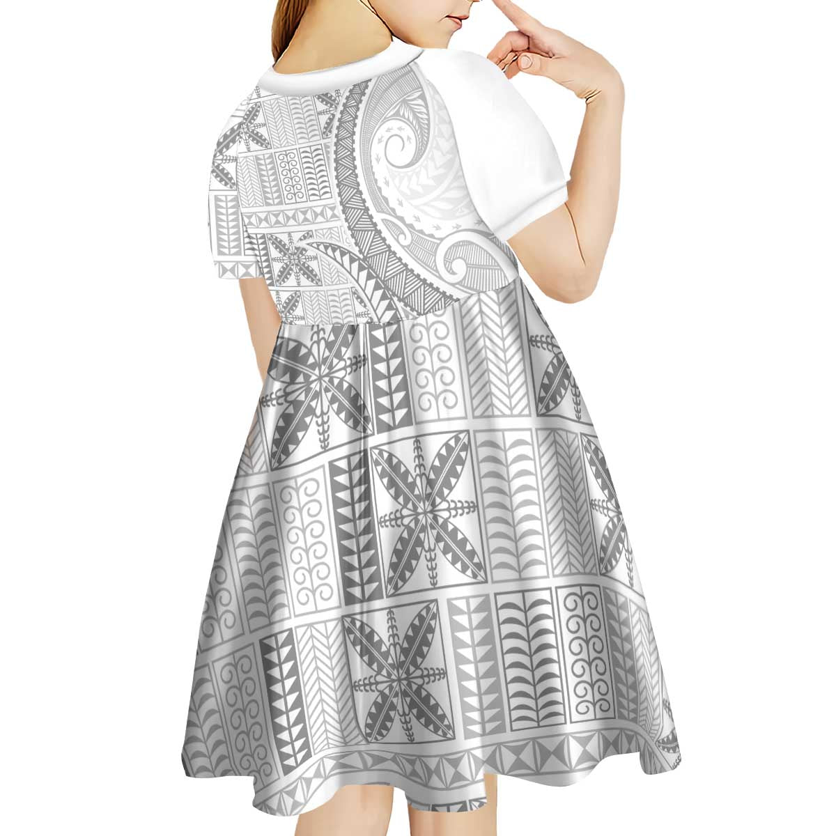 Niue White Sunday Kid Short Sleeve Dress Niuean Lotu Tamaiti Hiapo Pattern - Polynesian Pride