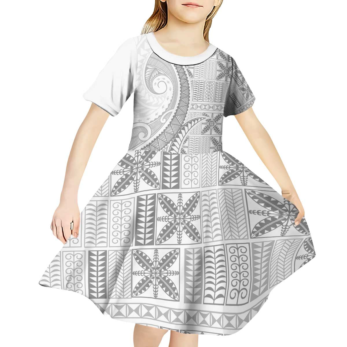 Niue White Sunday Kid Short Sleeve Dress Niuean Lotu Tamaiti Hiapo Pattern - Polynesian Pride