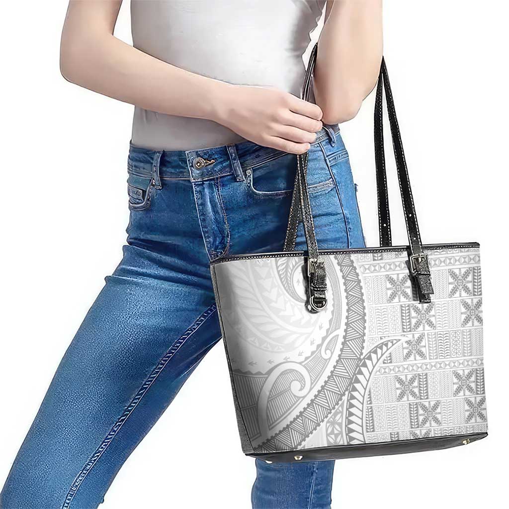Niue White Sunday Leather Tote Bag Niuean Lotu Tamaiti Hiapo Pattern - Polynesian Pride