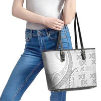 Niue White Sunday Leather Tote Bag Niuean Lotu Tamaiti Hiapo Pattern - Polynesian Pride