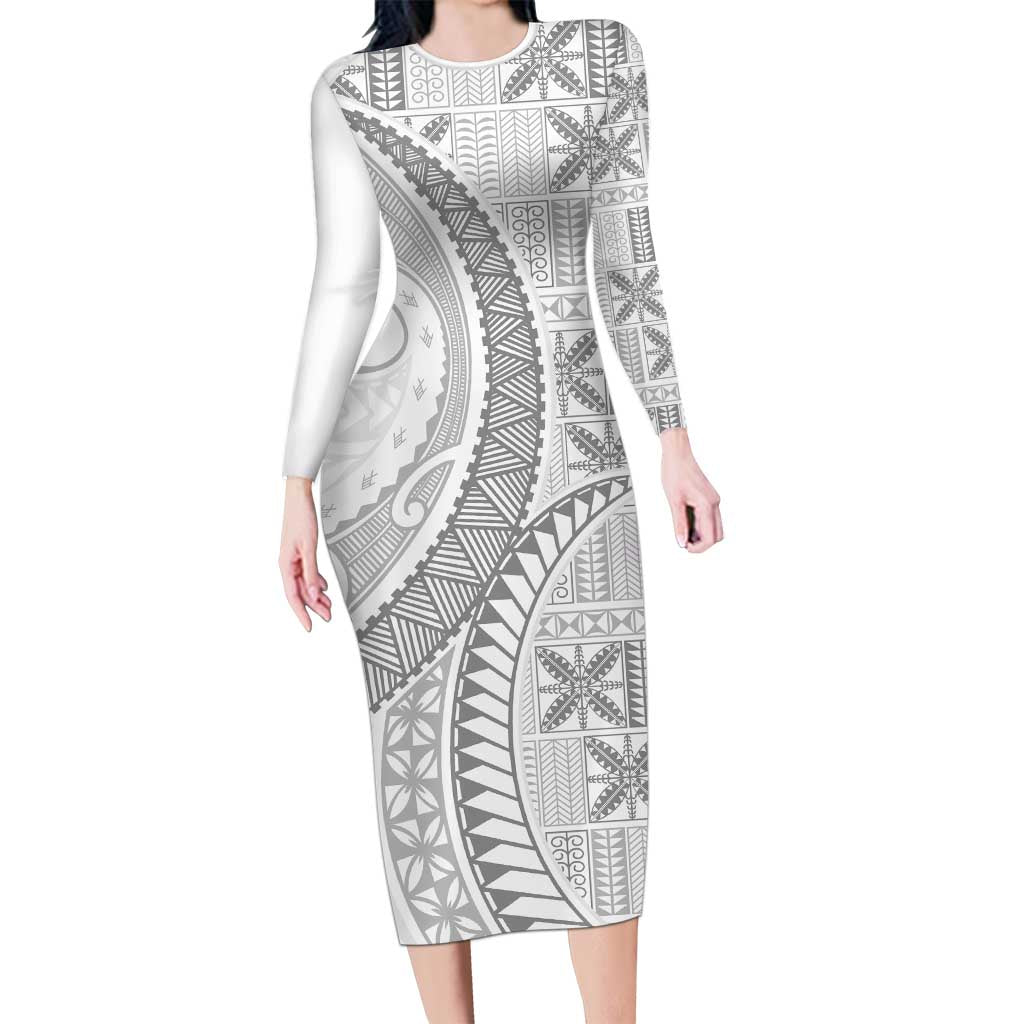 Niue White Sunday Long Sleeve Bodycon Dress Niuean Lotu Tamaiti Hiapo Pattern - Polynesian Pride