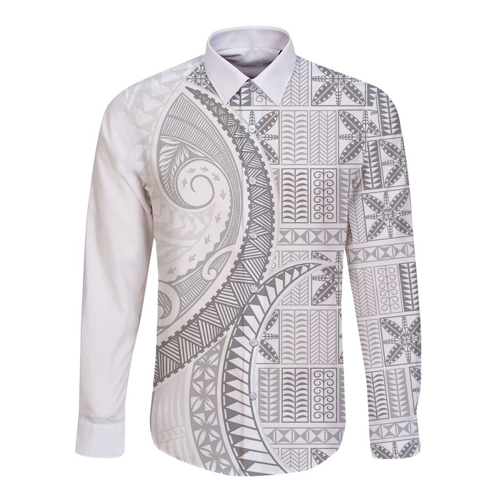 Niue White Sunday Long Sleeve Button Shirt Niuean Lotu Tamaiti Hiapo Pattern LT9 Unisex White - Polynesian Pride