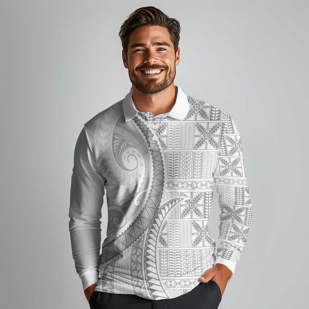 Niue White Sunday Long Sleeve Polo Shirt Niuean Lotu Tamaiti Hiapo Pattern - Polynesian Pride