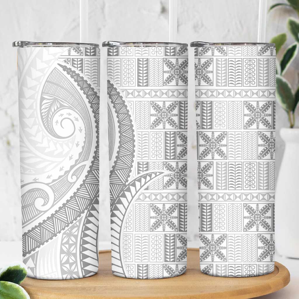 Niue White Sunday Skinny Tumbler Niuean Lotu Tamaiti Hiapo Pattern - Polynesian Pride