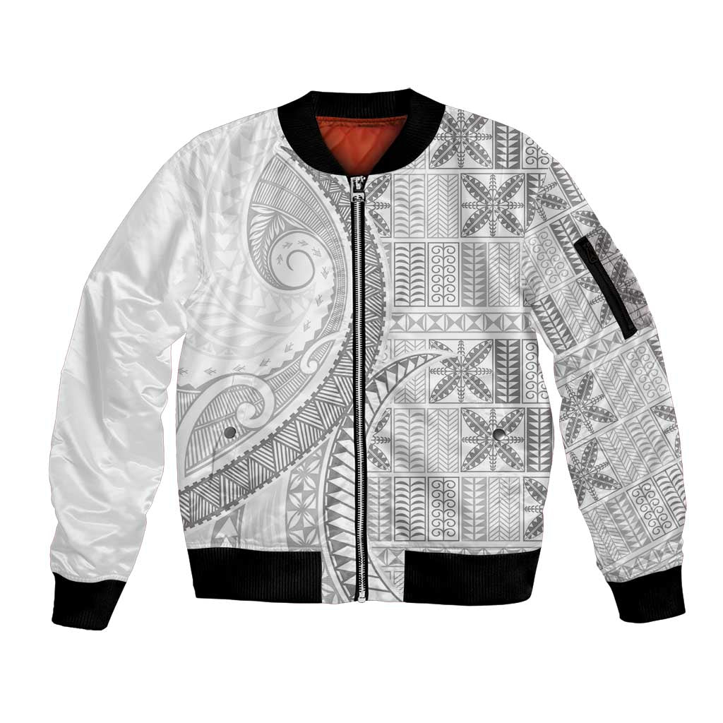 Niue White Sunday Sleeve Zip Bomber Jacket Niuean Lotu Tamaiti Hiapo Pattern - Polynesian Pride