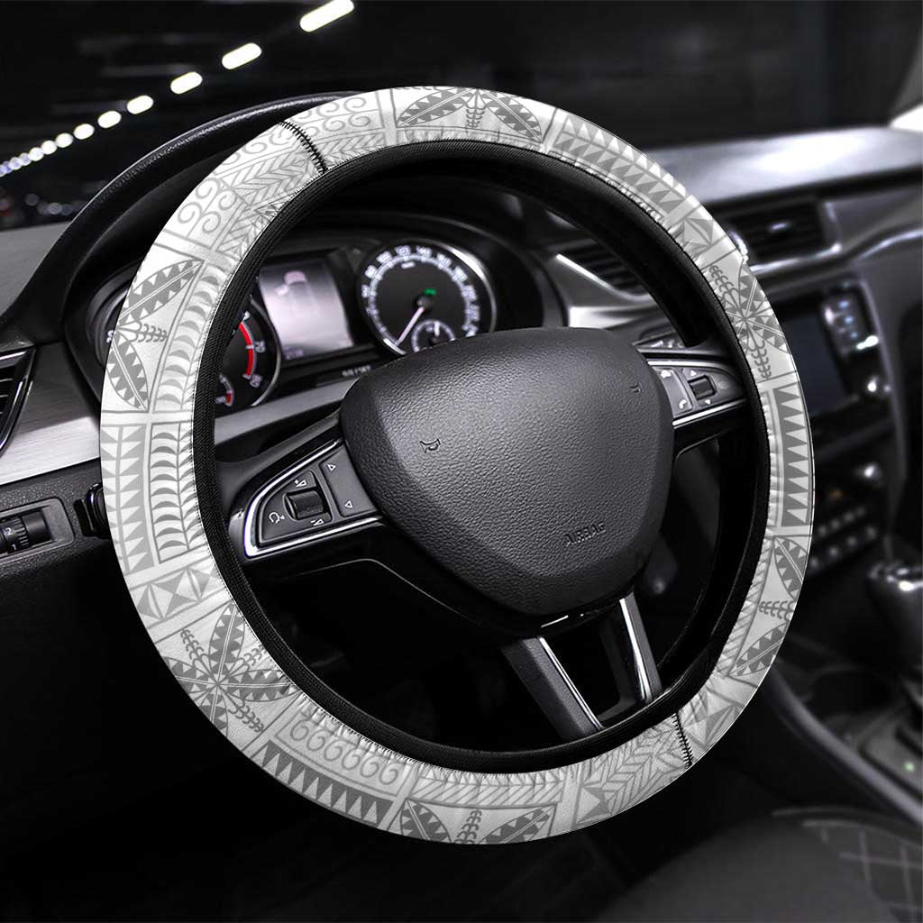 Niue White Sunday Steering Wheel Cover Niuean Lotu Tamaiti Hiapo Pattern LT9 Universal Fit White - Polynesian Pride