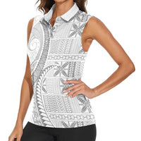 Niue White Sunday Women Sleeveless Polo Shirt Niuean Lotu Tamaiti Hiapo Pattern - Polynesian Pride