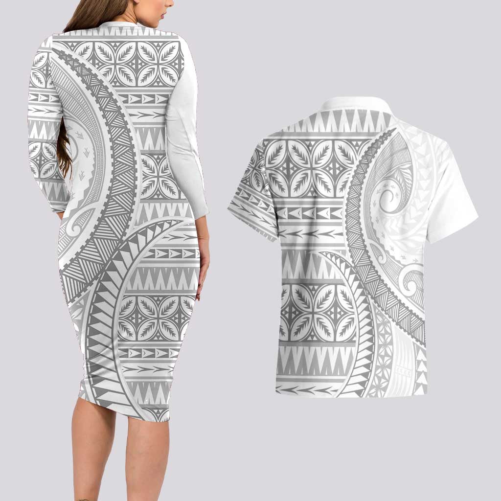 Polynesian White Sunday Couples Matching Long Sleeve Bodycon Dress and Hawaiian Shirt Lotu Tamaiti Melanesian Pattern - Polynesian Pride