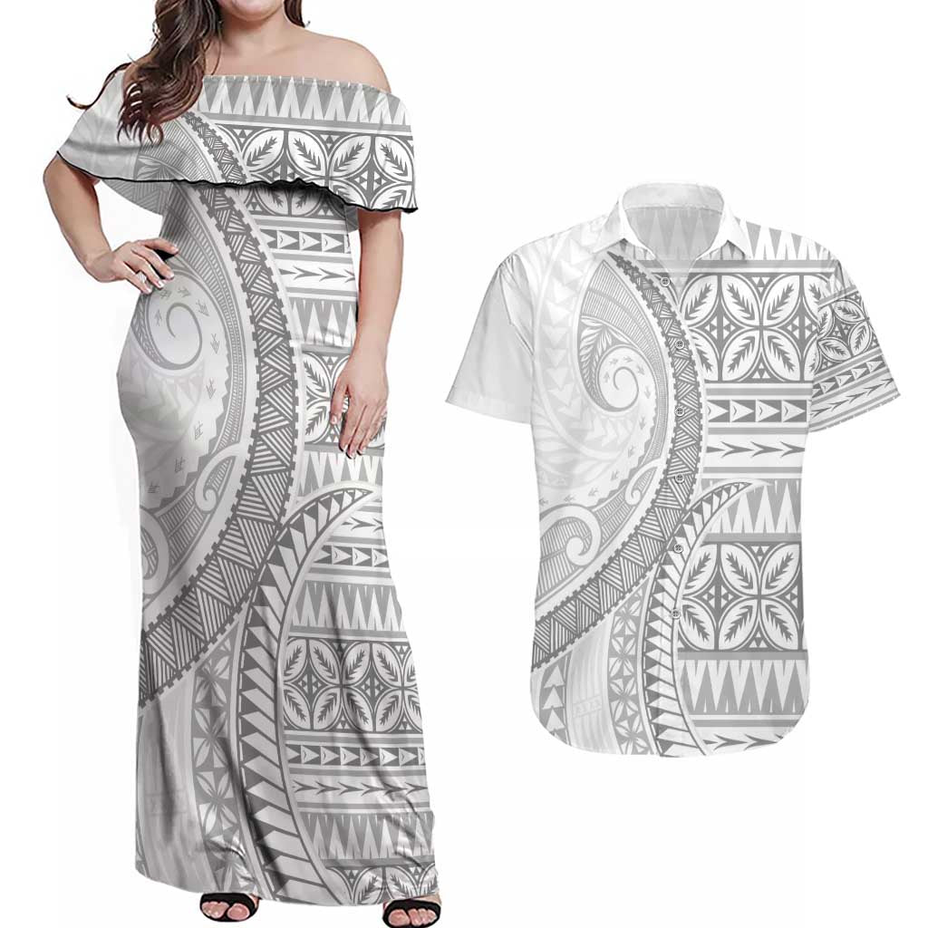 Polynesian White Sunday Couples Matching Off Shoulder Maxi Dress and Hawaiian Shirt Lotu Tamaiti Melanesian Pattern LT9 White - Polynesian Pride