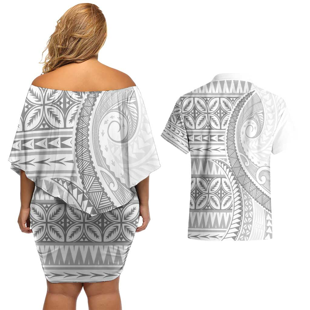 Polynesian White Sunday Couples Matching Off Shoulder Short Dress and Hawaiian Shirt Lotu Tamaiti Melanesian Pattern LT9 - Polynesian Pride